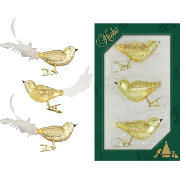 Gold glanz/Satingold 11cm Glasvögel auf Clip mundgeblasen, handekoriert mit 5cm Federschwanz, 3 Stck.