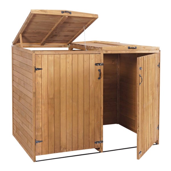 Geöffnete Gartengerätebox aus Holz mit zwei Fächern und Deckel