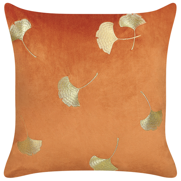 Quadratisches Dekokissen mit aufgestickten Ginkgoblatt-Motiven aus weichem Material.