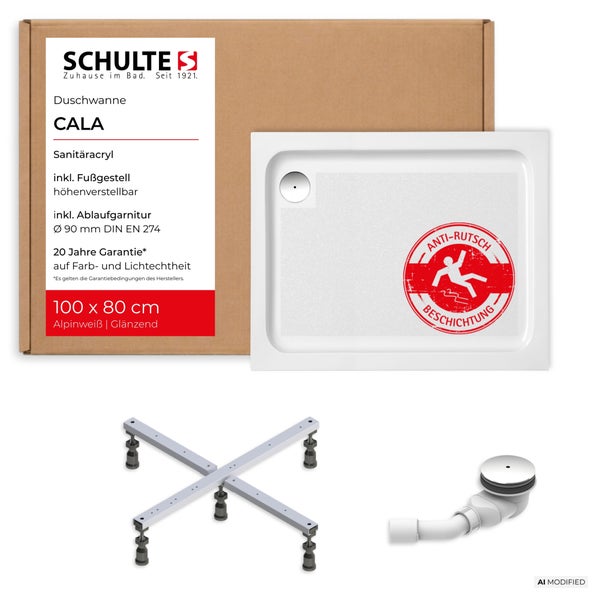 Schulte Duschwanne Cala aus Sanitäracryl in 100 mal 80 Zentimeter mit Anti-Rutsch-Beschichtung, höhenverstellbarem Fußgestell und Ablaufgarnitur.