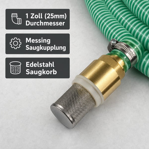 Saugschlauch mit 25 Millimeter Durchmesser, Messing Saugkupplung und Edelstahl Saugkorb für Pumpen.