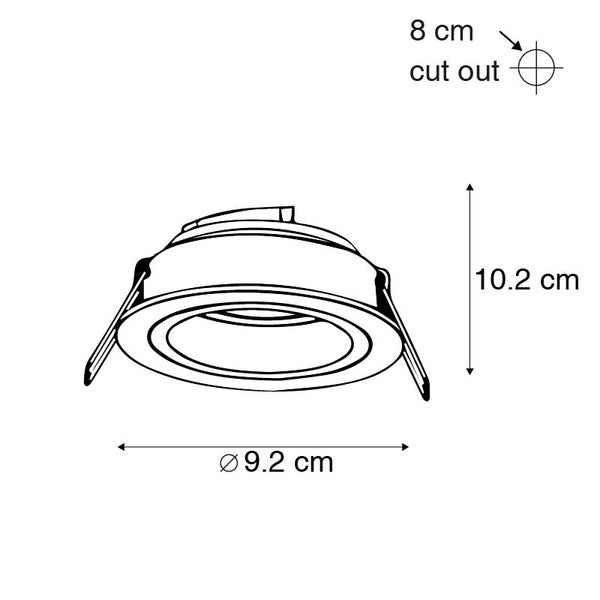 Technische Zeichnung eines Einbaustrahlers mit Maßen: Durchmesser 9,2 Zentimeter, Höhe 10,2 Zentimeter und Lochausschnitt 8 Zentimeter.