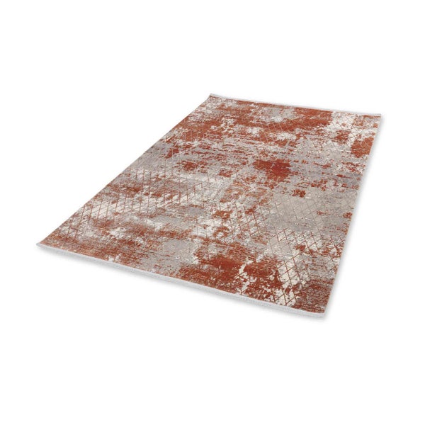 Rechteckiger Teppich mit abstraktem Vintage-Muster in Terracotta und Grau sowie geometrischem Rautengitter.