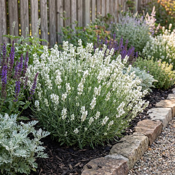 Blühender weißer Lavendel in einem Gartenbeet mit dunklem Mulch, einer Einfassung aus Natursteinen und violettem Ziersalbei.