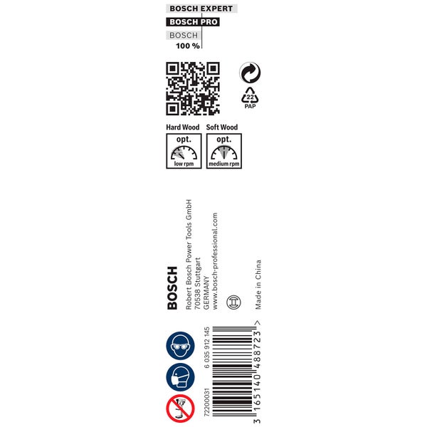 Bosch Experte, Bosch Pro, Bosch Logo, QR-Code, Papierverpackungssymbol, Symbole für Holzanwendungen, Barcode und Herstellerinformationen