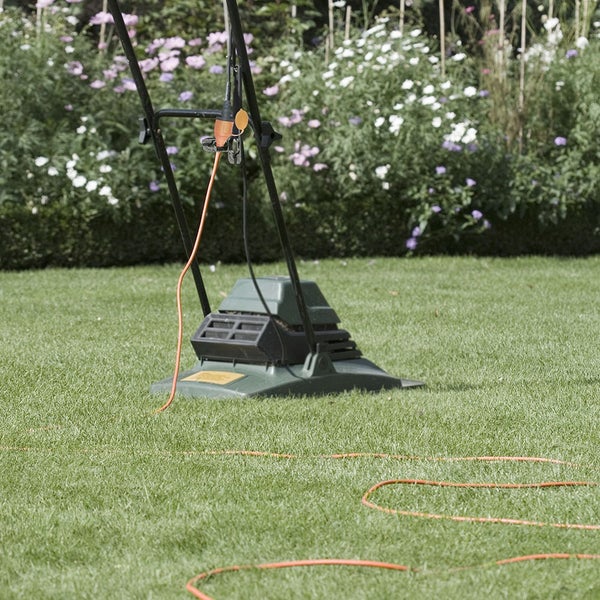 Elektrischer Rasenmäher mit orangefarbenem Kabel auf einer grünen Rasenfläche im Garten vor Blumen.