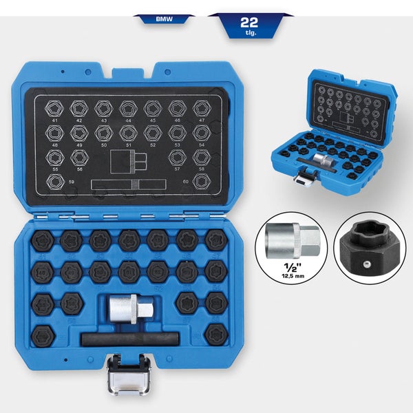 22-teiliger Satz Vielzahn-Nüsse für BMW in blauem Koffer
