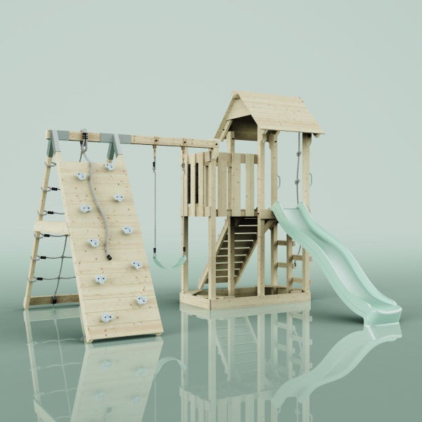 Spielturm mit Rutsche, Schaukel und Kletterwand für den Garten