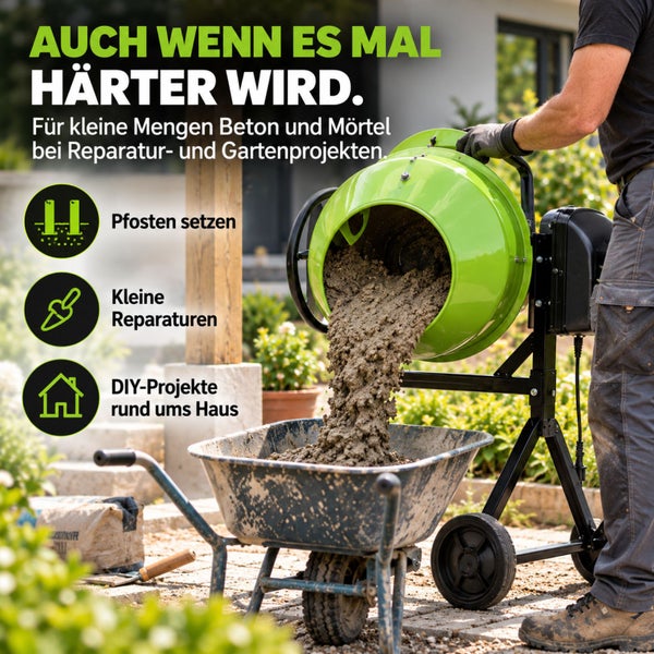 Ein Bauarbeiter entleert frischen Beton aus einem Betonmischer in eine Schubkarre für Gartenprojekte und Hausreparaturen.