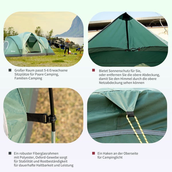 Outsunny Campingzelt, für 5-6 Personen, mit Heringen, 4,55 x 2,3 x 1,8 m, Polyester, Grün