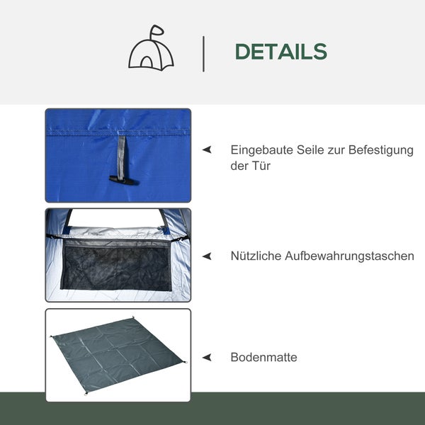 Produktdetails eines Zeltes mit Befestigungsschlaufen für die Tür, Aufbewahrungstaschen aus Netzgewebe und einer Bodenmatte.