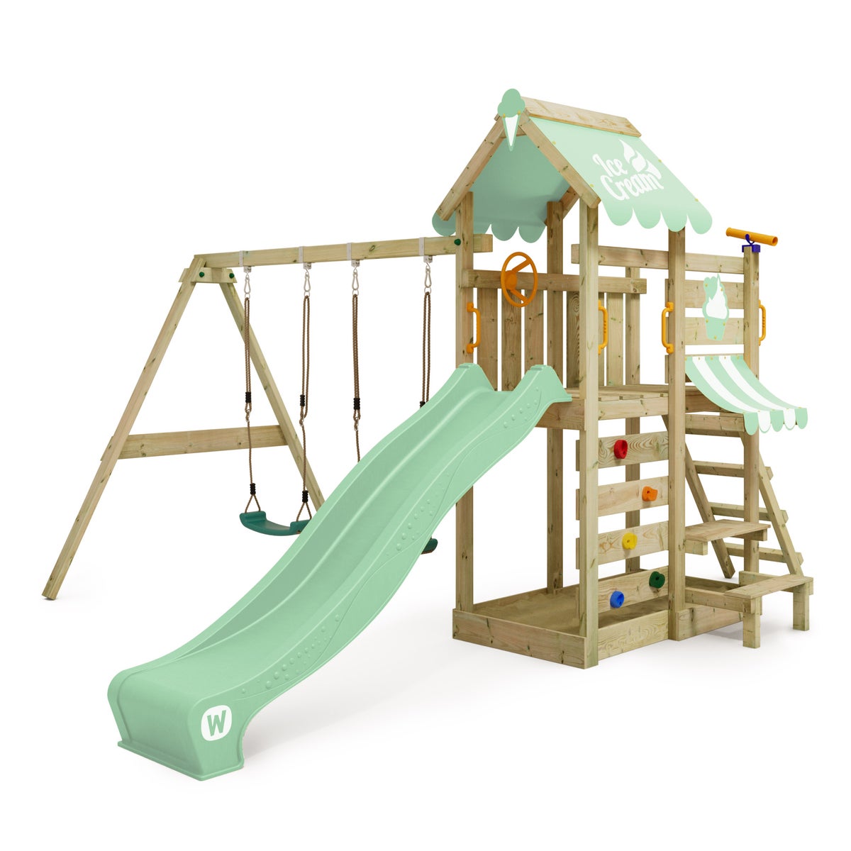 WICKEY Spielturm Klettergerüst VanillaFlyer mit Schaukel und Rutsche, Kletterturm mit Sandkasten, Leiter und Spiel-Zubehör – pastellgrün