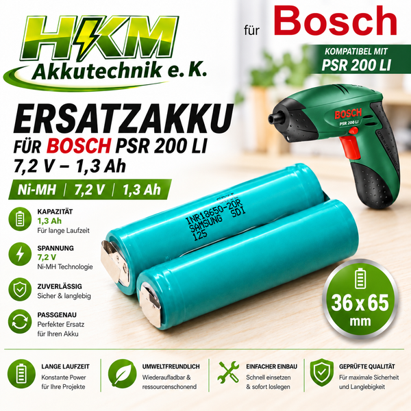 Ersatzakku für Bosch PSR 200 LI mit 7,2 Volt und 1,3 Amperestunden Kapazität von HKM Akkutechnik