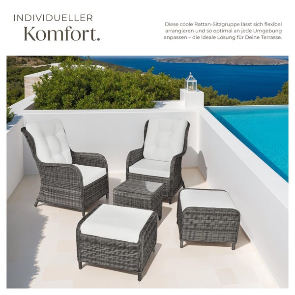 Rattan Sitzgruppe mit Sesseln, Fußhockern und Tisch für den Außenbereich