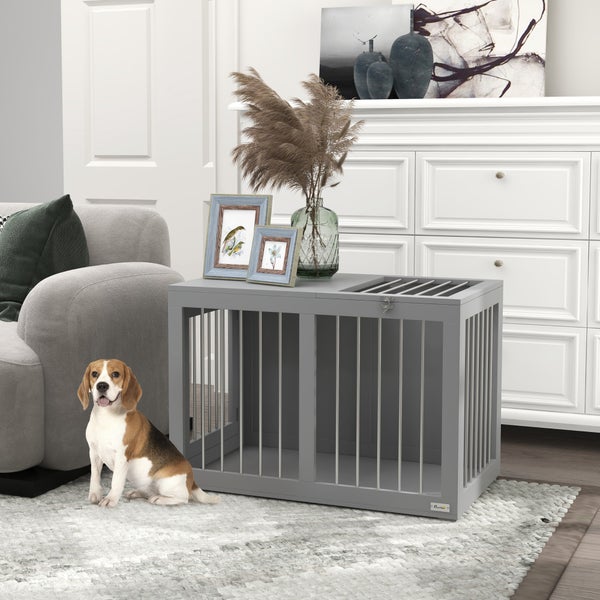 PawHut Hundekäfig für Zuhause, Hundehütte, Haustierkäfig für mittelgroße Hunde, Hundebox mit Türen, Hundehaus, Transportkäfig, Grau, 80 x 50 x 56,5 cm