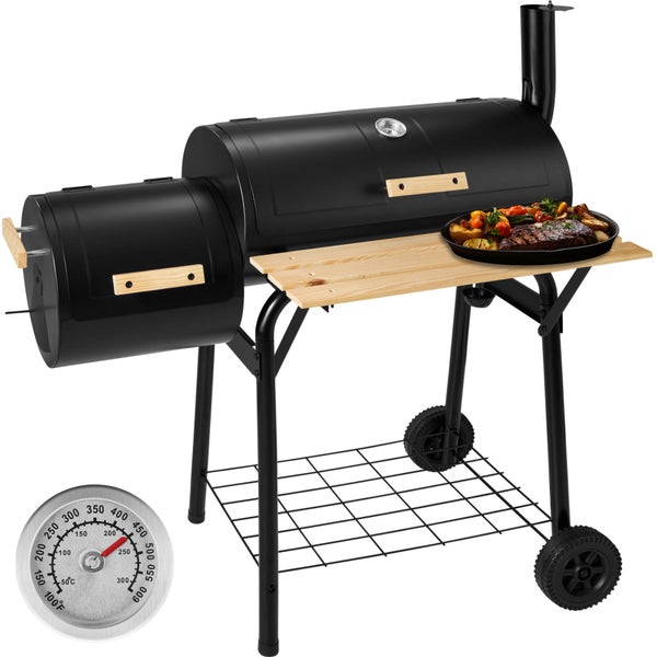 Holzkohlegrill tectake  3 in 1, zum Grillen, Räuchern, Garen, mit 2 Rädern 115 x 67 x 115 cm