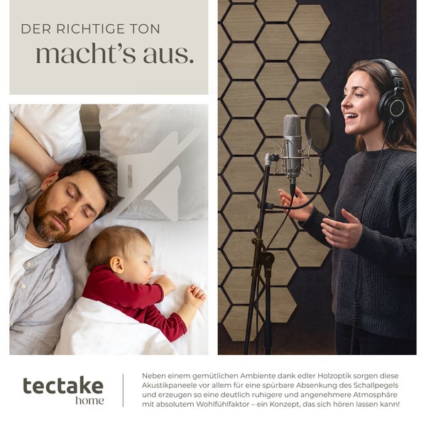 Sechseckige Akustikpaneele in Holzoptik von tectake home zur Geräuschreduzierung in einem Tonstudio und Schlafzimmer. tectake home Logo.