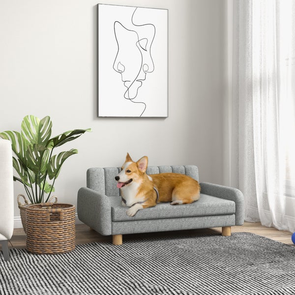 PawHut Hundesofa Haustiersofa Hundecouch Hundebett mit weichem Kissen, Erhöhter Hundesessel für mittelgroße Hunde, Leinenimitat, Grau, 94 x 61 x 40 cm
