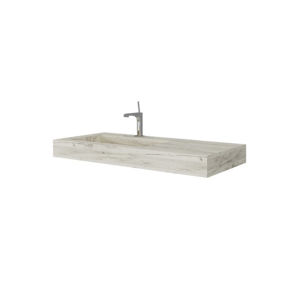 Waschtischplatte mit integriertem Waschbecken in Holzoptik inklusive Armatur.