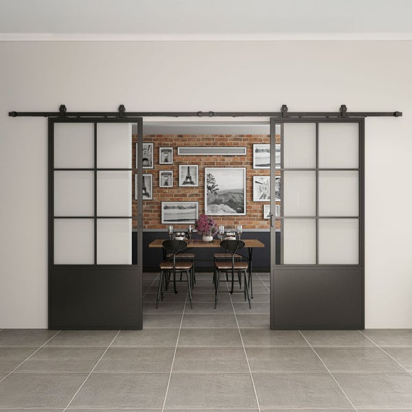 Loftschiebetür Doppelflügelig 1760x2035mm Klarglas Stahl in schwarz, Komplettset