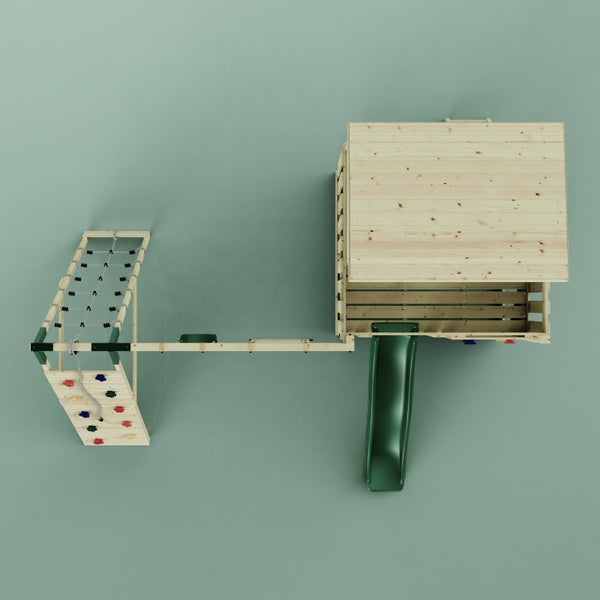 Draufsicht auf einen Spielturm aus Holz mit Rutsche, Kletterwand und Kletternetz.