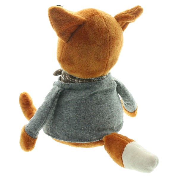 Stofftier Fuchs sitzend mit Jacke und Schal, Rückansicht