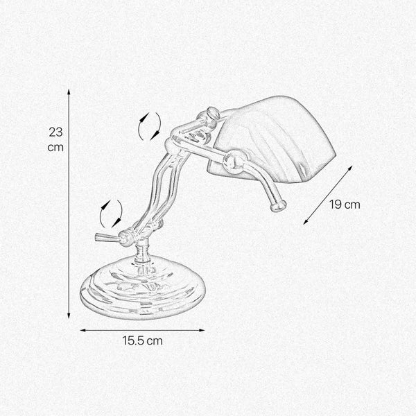 Skizze einer Schreibtischlampe mit den Maßen 23 cm Höhe, 19 cm Breite des Lampenschirms und 15,5 cm Durchmesser des Lampenfußes