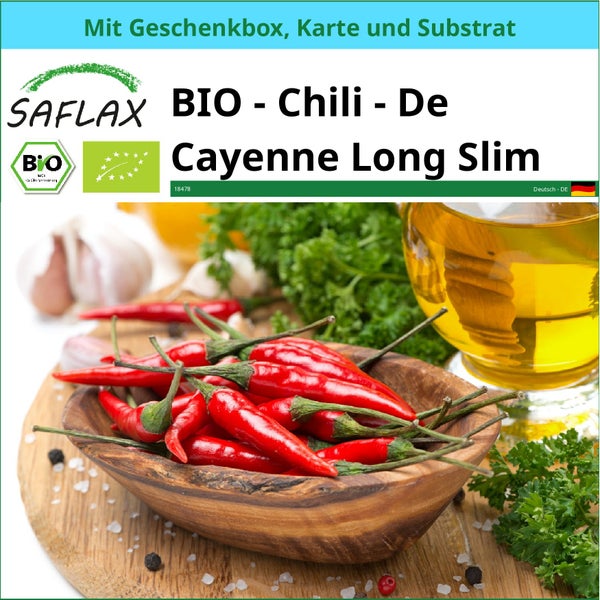 SAFLAX Geschenk Set - BIO - Chili - De Cayenne Long Slim - Capsicum annuum - 10 Samen - Mit Geschenkbox, Versandaufkleber, Geschenkkarte und Anzuchtsubstrat