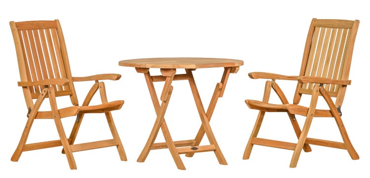 Teak Sitzgruppe 2 Hochlehner klappbar und 1 Klapptisch rund 90 cm premium Set