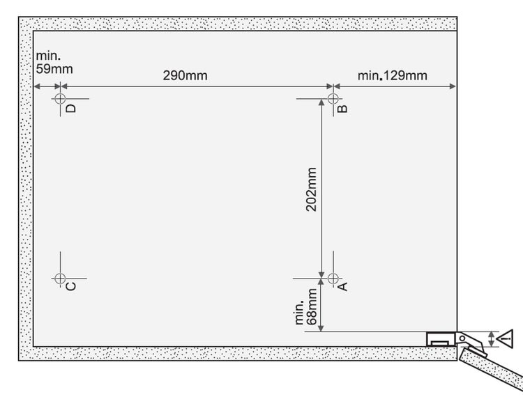 Technische Zeichnung für die Montagebohrungen eines Scharniers mit Bemaßungen in Millimeter für die präzise Installation an einer Schranktür.