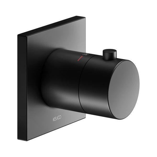 Unterputz-Thermostatgriff von Keuco in Schwarz matt mit quadratischer Rosette und zylindrischem Regler mit Sicherheitssperre bei 38 Grad.