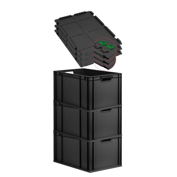 PROREGAL SuperSparSet 3x Eurobox NextGen Grip mit Scharnierdeckel und grünen Schiebeschnappverschlüssen, HxBxT 32x40x60cm, 65 Liter, Schwarz, Griffe offen, Verstärkter Boden, Eurobehälter, Transportbox, Transportbehälter, Stapelbehälter