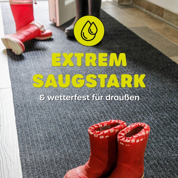 Extrem saugstarke und wetterfeste Schmutzfangmatte für den Außenbereich mit Gummistiefeln.