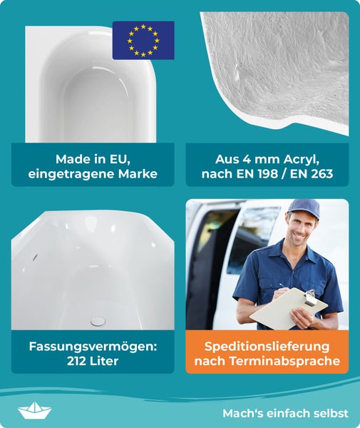 Calmwaters Vorwand-Badewanne 160x75 cm Komplettset Seamless Comfort, fugenloses Design vormontiert mit Schürze & Ablaufgarnitur, rechte Ausführung, Made in EU, Acryl, 02SL6223