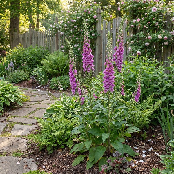 Blühender Fingerhut mit violetten Blütenständen in einem Gartenbeet neben einem Natursteinweg und einem Holzzaun.