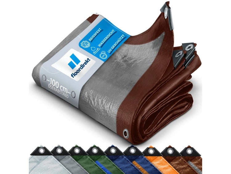FLOORDIREKT Abdeckplane - Wasserdichte Plane - mit Ösen - Schutzplane - 80 g/m² - 8 x 14 m - Braun-Silber