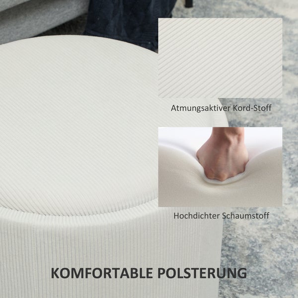 HOMCOM Sitzhocker mit Stauraum Hocker mit Deckel, Runder Fußhocker Polsterhocker Couchtisch mit Cord-Optik 56 x 56 x 42 cm Cremeweiß
