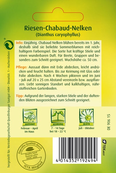Rückseite der Samentüte für Riesen-Chabaud-Nelken mit Informationen zu Aussaat, Keimung, Blüte und Pflegehinweisen.