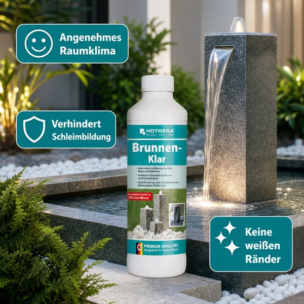 Hotrega Brunnen-Klar Flasche vor einem Gartenbrunnen. Das Pflegemittel verhindert Kalk, Algen, Bakterien und Schleimbildung für klares Wasser.