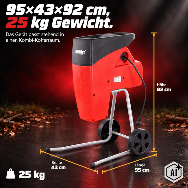 Hecht Gartenhäcksler mit Maßen 95 mal 43 mal 92 Zentimeter und 25 Kilogramm Gewicht zur Illustration der Größe für den Transport im Kofferraum.