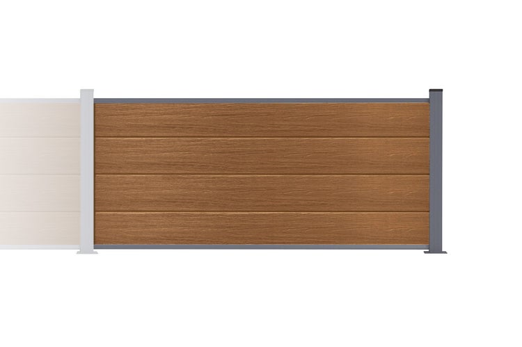 Sichtschutzzaun aus braunem WPC mit Holzmaserung, horizontale Paneele und graue Metallpfosten.