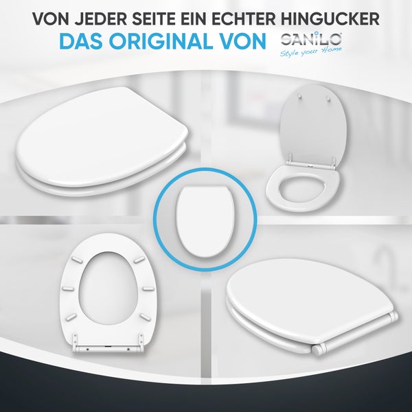 Sanilo WC-Sitz in Weiß aus verschiedenen Perspektiven: geschlossen, geöffnet und Unterseite. Sanilo Logo.