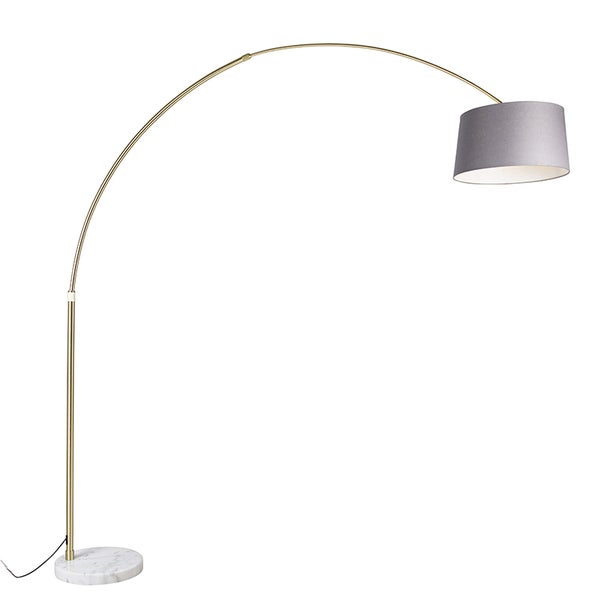 QAZQA - Modern Bogenlampe Messing mit Marmorstoffschirm grau 45 cm - XXL I Wohnzimmer I Schlafzimmer - Stahl Länglich - LED geeignet E27