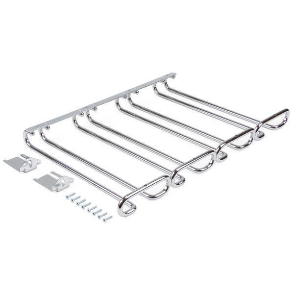 Gläserhalter aus verchromtem Metall mit vier Schienen inklusive Montagematerial wie Halterungen und Schrauben.