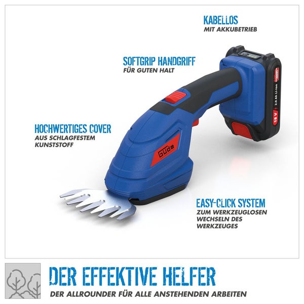Güde Akku-Grasschere mit Softgrip-Handgriff, schlagfestem Kunststoffgehäuse und Easy-Click-System für werkzeuglosen Messerwechsel.