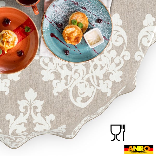 Abwischbare Tischdecke mit ornamentalem Muster in Beige und Weiß, lebensmittelecht, ANRO Logo.