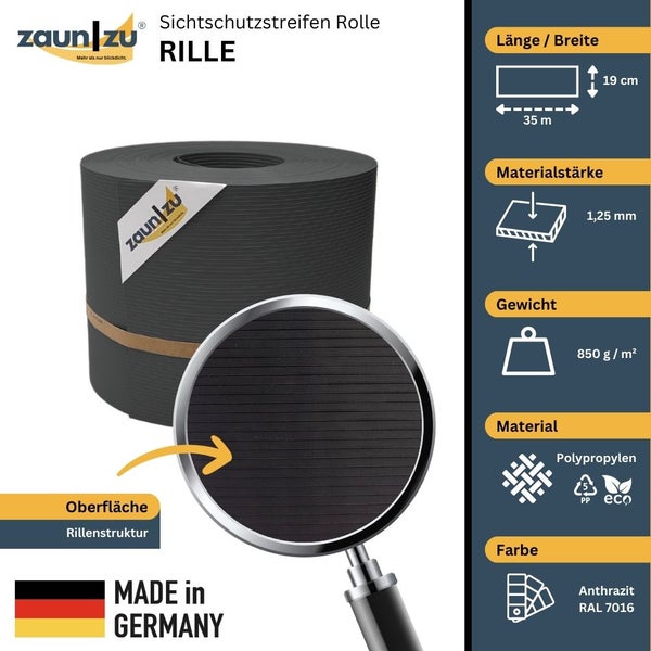 Zaun zu Sichtschutzstreifen Rolle mit Rillenstruktur, 35 Meter Länge und 19 Zentimeter Breite