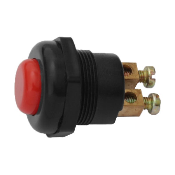Drucktaster mit rotem Knopf, Kunststoffgehäuse und zwei Schraubanschlüssen.