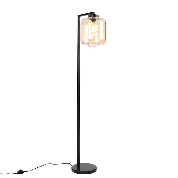 QAZQA - Design Stehleuchte I Stehlampe I Standleuchte I Lampe I Leuchte schwarz mit Braunglas - Qara I Wohnzimmer I Schlafzimmer - Länglich - LED geeignet E27