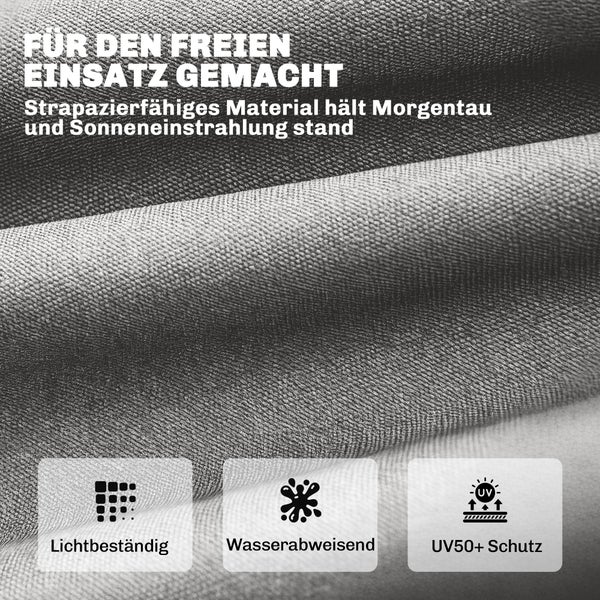 Strapazierfähiges Material für den Außenbereich, lichtbeständig, wasserabweisend und mit Ultraviolett 50 plus Schutz.